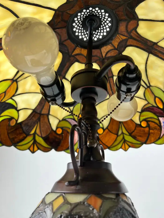 Art Nouveau Tiffany Style Brown & Green Stained Glass Table Lamp, a Pair