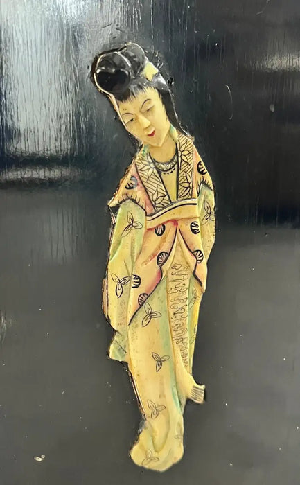 Asian Black Lacquer Hexagonal Side Table with Hand-Painted Gold & Figural Pane