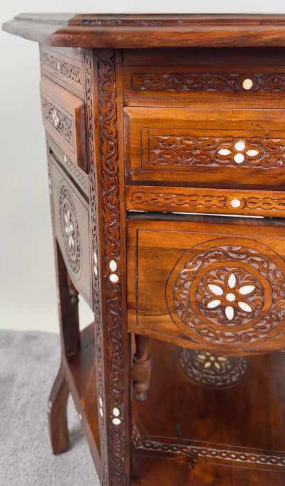 Vintage Syrian Hexagonal Walnut and Bone inlay Hand -Carved Center of End Table