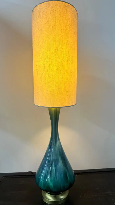 Mid-Century Modern Green Malachite Teardrop Design Table Lamp w Custom Shade