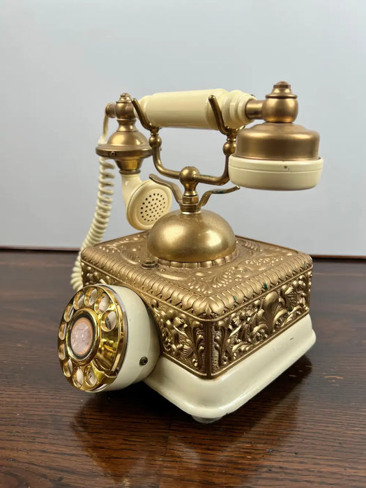Vintage French Style Brass Rotary Telephone with Ornate Repoussé Cream Enamel Base