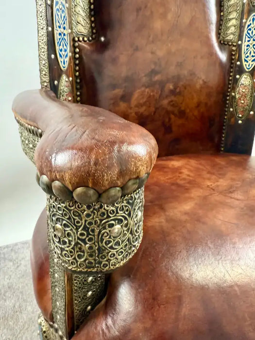 Portuguese Colonial Style Leather & Filigree Design Throne Chair