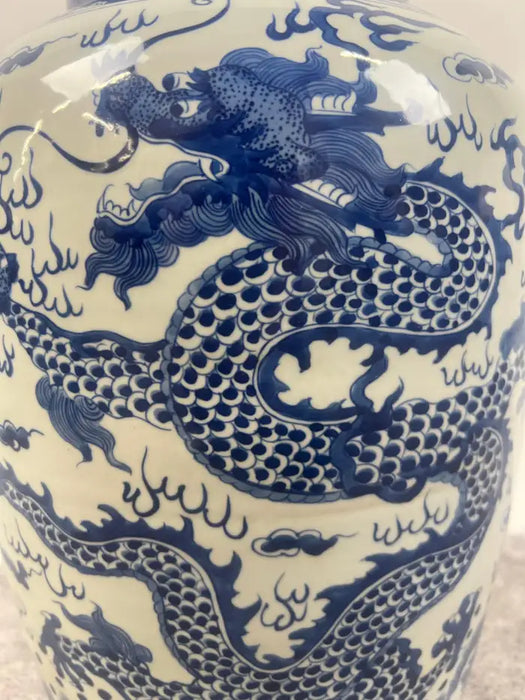 Imperial Chinese Qing Dynasty Style Blue & White Dragon Porcelain Vase