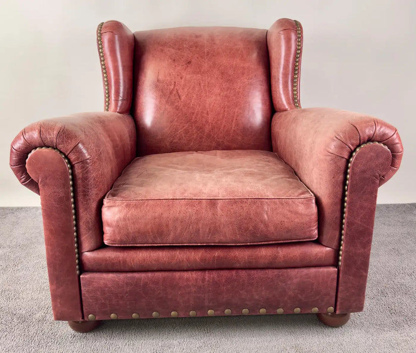 American Classical Style Distressed Leather Red - Brown Oversized Club Chair