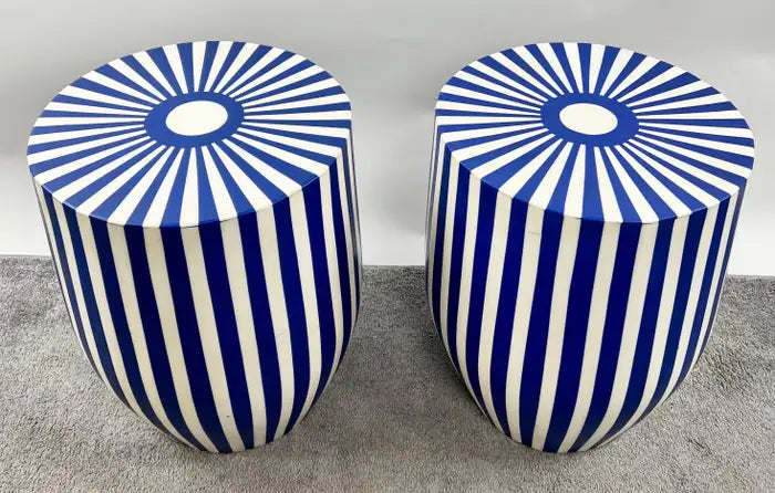 Art Deco Style Blue & White Cylindrical Resin Side, End Table or Stool, a Pair
