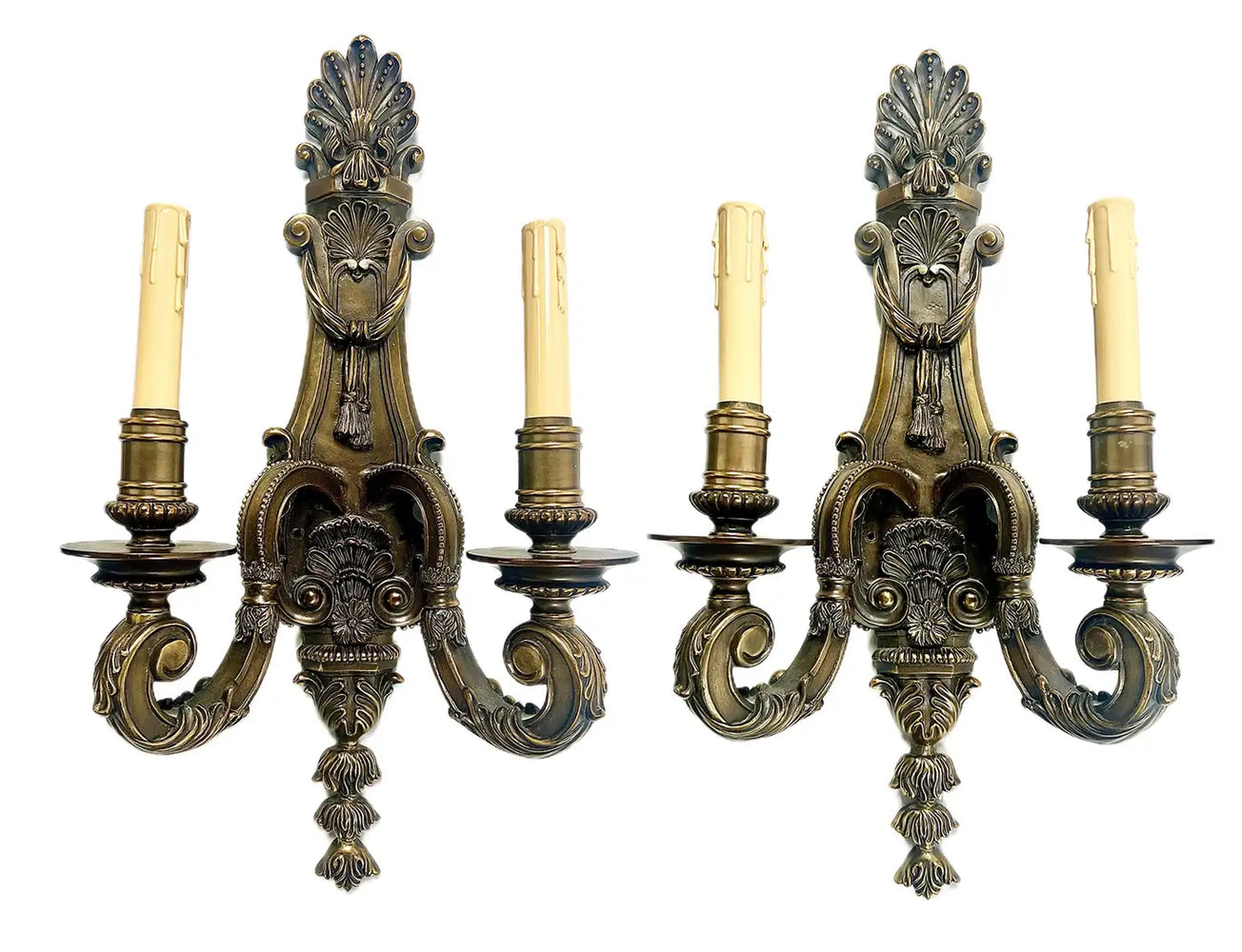 French Louis XVI Revival Style Patinated Bronze Wall Sconce Two Arms, a Pair