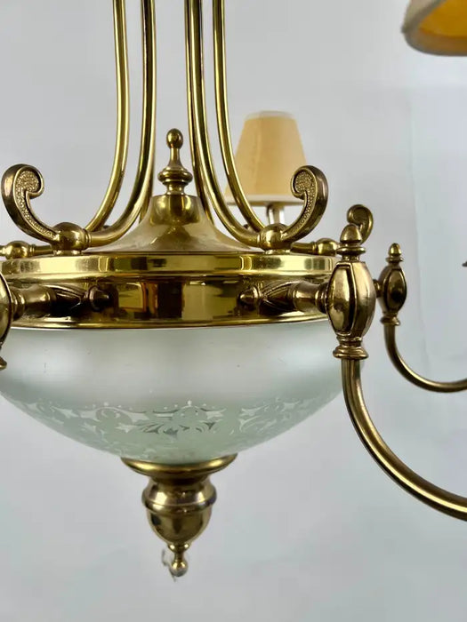 French Empire Style Brass & Etched Cut Glass Center Globe Chandelier - 6 Arms