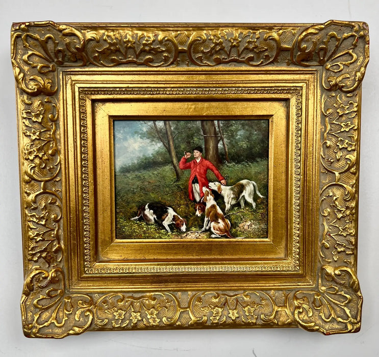 English Sporting Style Oil Painting, Huntsman & Hounds, Ornate Gilt Frame 1980's