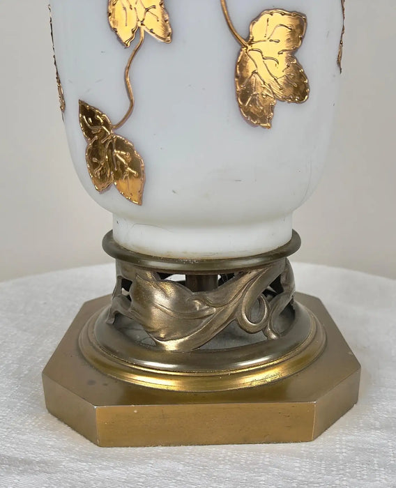 Art Nouveau Frosted White Art Glass & Gold Leaves Design Table Lamp, a Pair