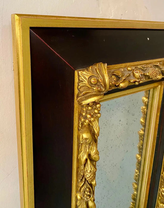 French Rococo Style Small Rectangular Wall Mirror in Ebony & Gold Leaf