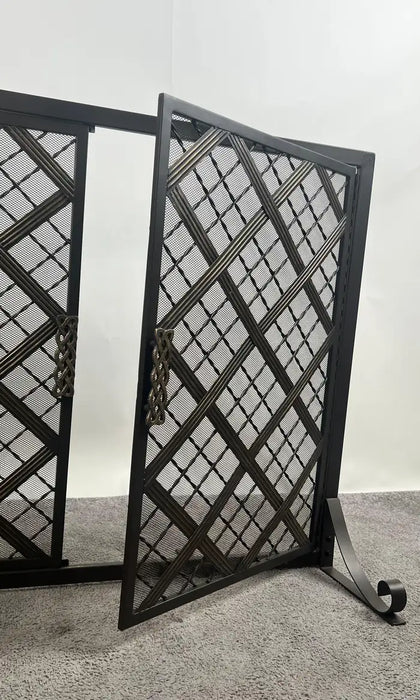 Art Deco Style Black & Bronzed Metal Two-Door & Diamond Design Fireplace Screen