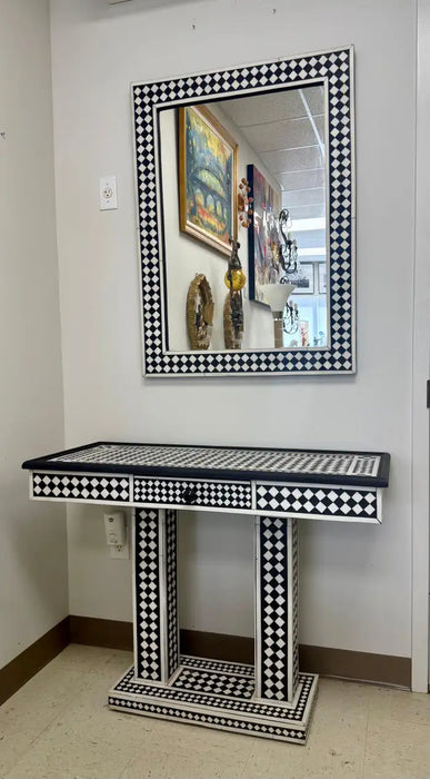 Art Deco Style Black & White Resin in Diamond design Mirror & Console, Set of 2