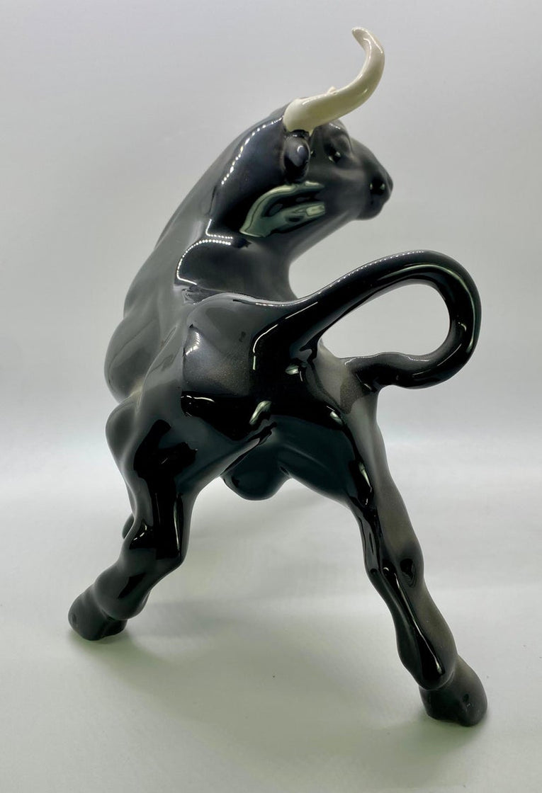 1950's Ceramic Black Bull Figurine with White Horns, a Pair