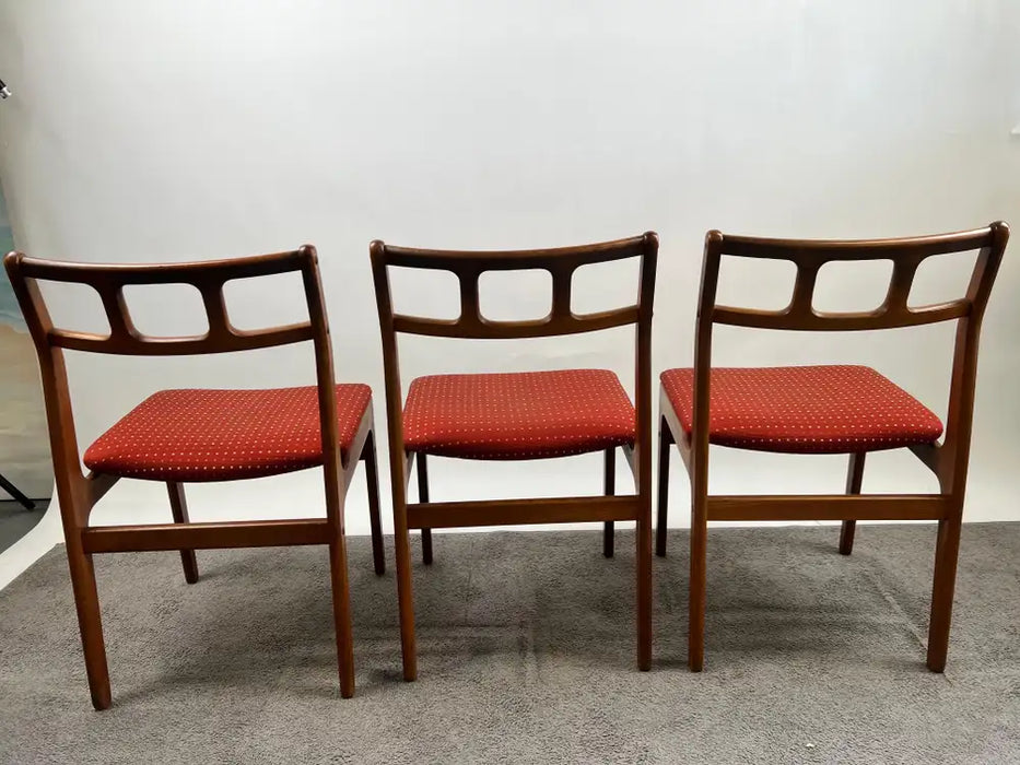 Danish Mid-Century Modern Teak Dining Chairs w Rust Red Dotted Upholstery, Set 6