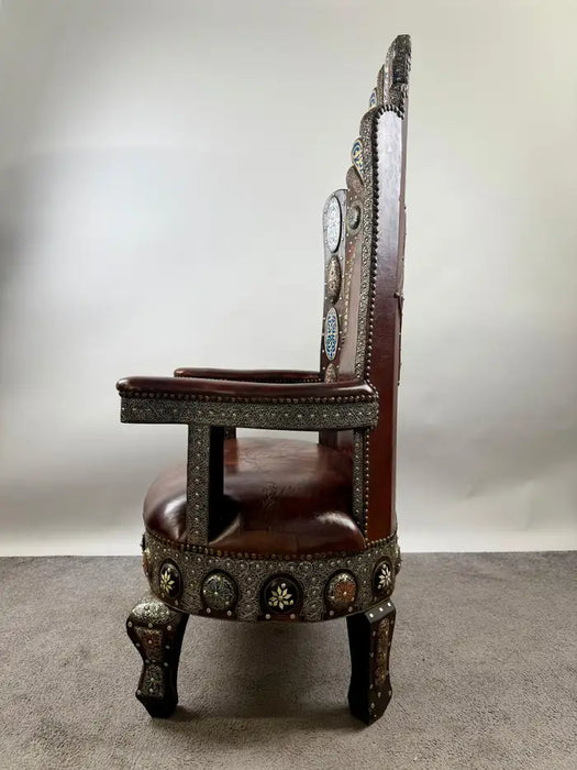 Portuguese Colonial Style Leather & Filigree Design Throne Chair