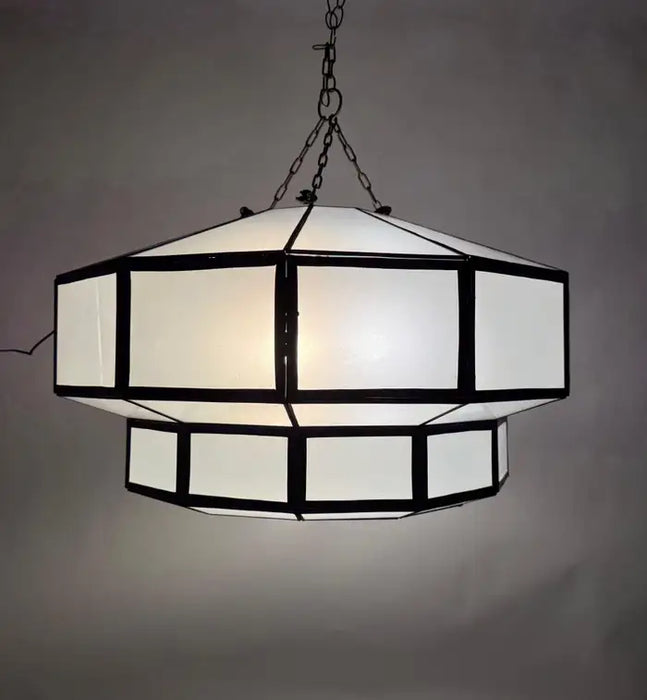 Art Deco Style Large Circular White Milk Glass & Bronze Pendant, Chandelier