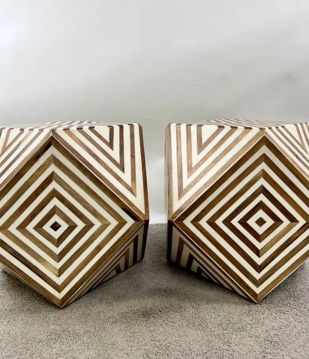 Art Deco Style Brown & White Sculptural Resin & Walnut Side or End Table, a Pair