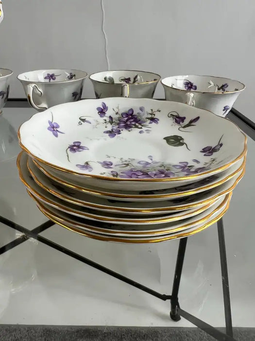 Hammersley “Victorian Violets” English Bone China Tea Set w Gold Trim, 15 pcs