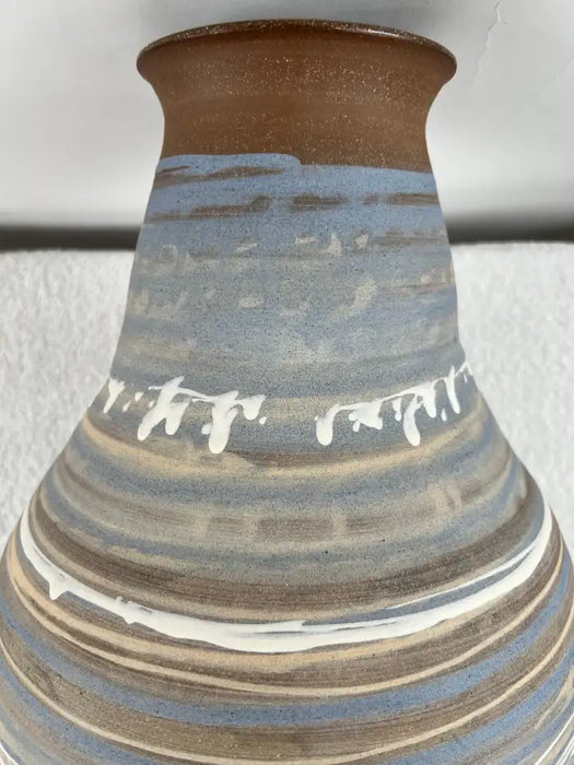 Vintage Handmade Pottery Vase with Blue & Earth-Tone Swirl Glaze