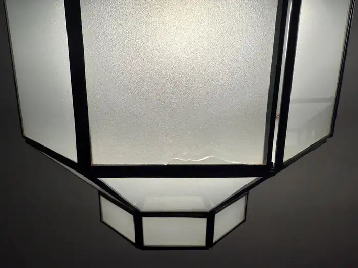 Art Deco Style Frosted White Milk Glass & Bronze Octagonal Pendant, a Pair