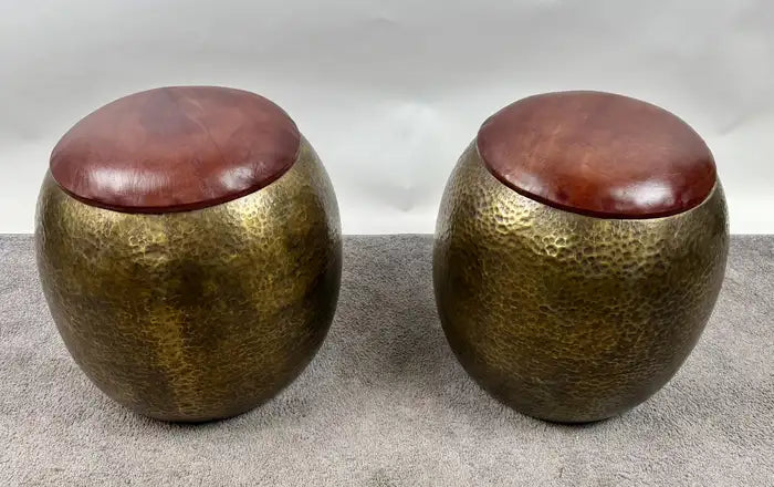 Mid-Century Modern Style Bronze Ottoman or Stool with Leather Top, a Pair