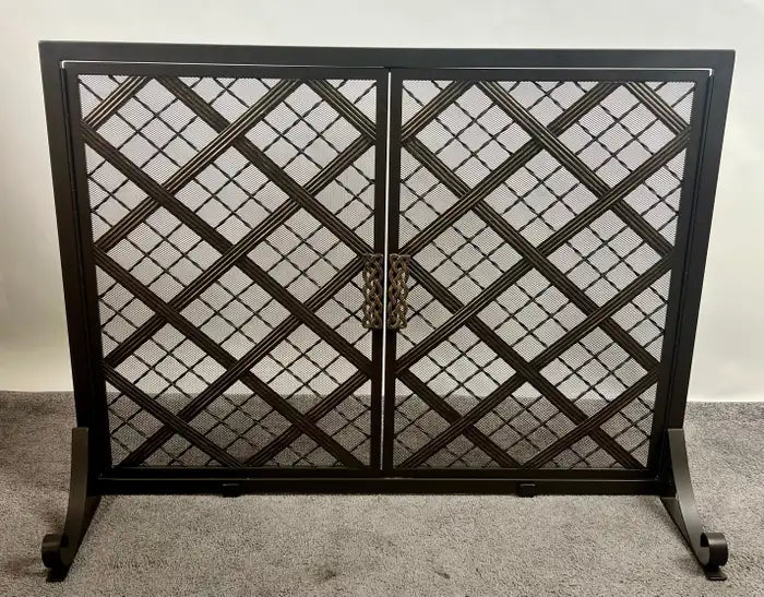 Art Deco Style Black & Bronzed Metal Two-Door & Diamond Design Fireplace Screen