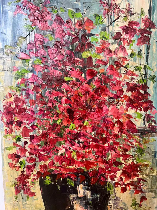 Helen Botway Bougainvillea in a Dark Urn Oil on Board Painting, Signed 1960's