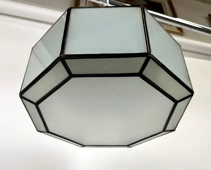 Art Deco Style White Milk Glass and Bronze Octagon Shape Pendant or Flush Mount