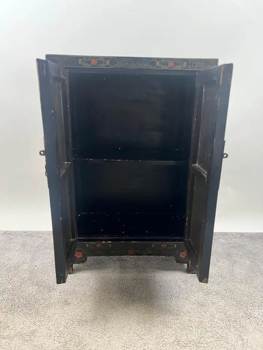 Vintage Asian Black Lacquered Cabinet or Chest with Hand-Painted Floral Motif