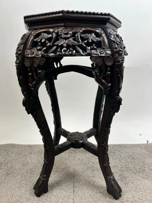 Antique Chinese Rosewood Hand Carved Octagonal w Marble Insert Pedestal or Table