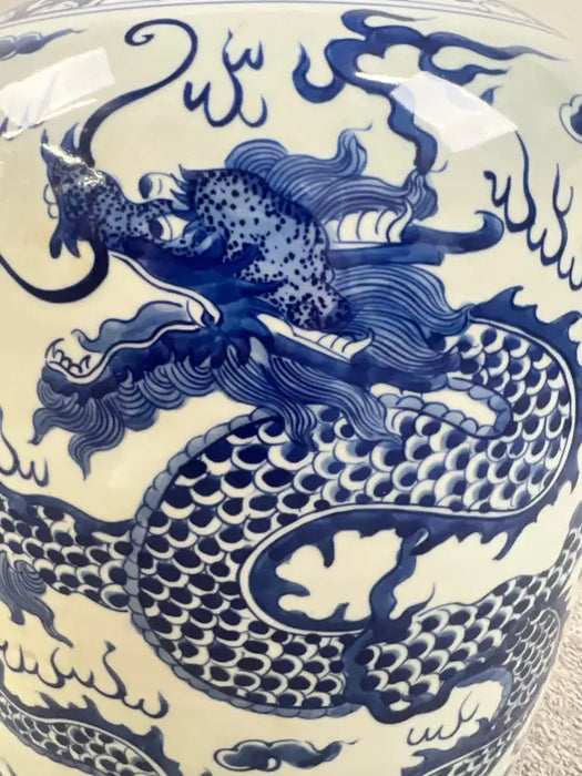 Imperial Chinese Qing Dynasty Style Blue & White Dragon Porcelain Vase