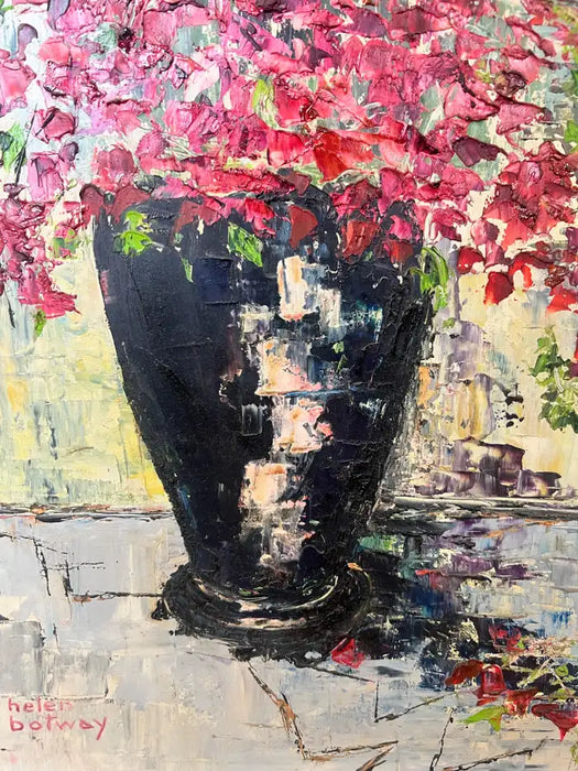 Helen Botway Bougainvillea in a Dark Urn Oil on Board Painting, Signed 1960's