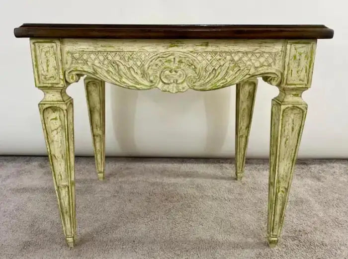 French Louis XVI Style Carved & Antiqued Finish Green Side or End Table