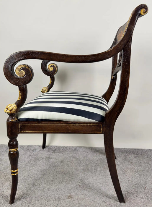 Italian Regency Style Side Chair, Ebonized with Gold Finish & Stripe upholstery