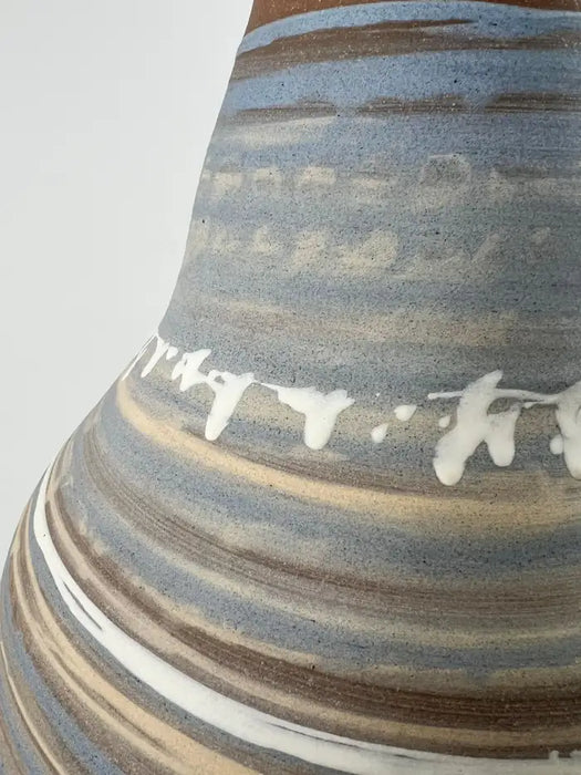 Vintage Handmade Pottery Vase with Blue & Earth-Tone Swirl Glaze