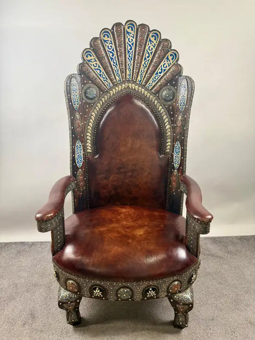 Portuguese Colonial Style Leather & Filigree Design Throne Chair