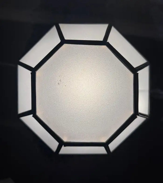 Art Deco Style Frosted White Milk Glass & Bronze Octagonal Pendant, a Pair