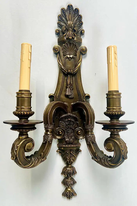 French Louis XVI Revival Style Patinated Bronze Wall Sconce Two Arms, a Pair