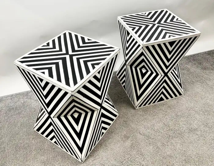 Art Deco Style Black & White Resin Sculptural Side, End Table or Stool, a Pair