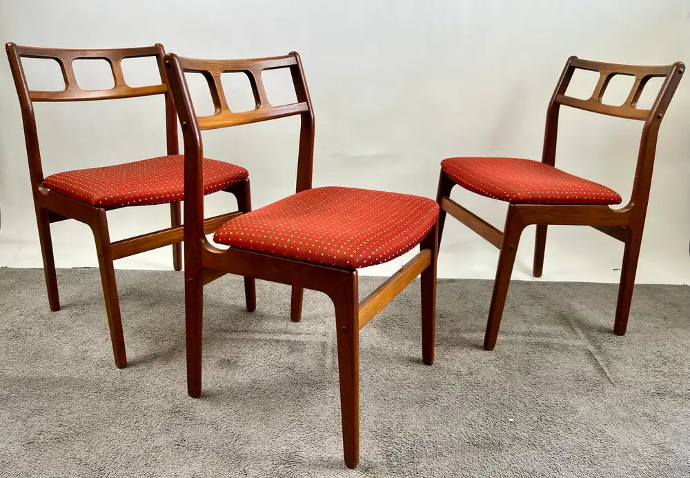 Danish Mid-Century Modern Teak Dining Chairs w Rust Red Dotted Upholstery, Set 6