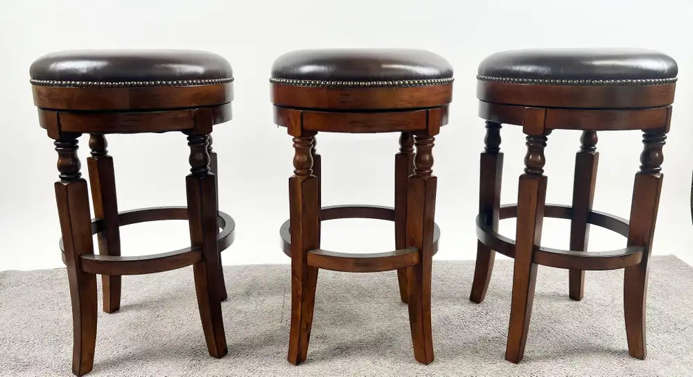 Vintage Traditional Style Frontgate Studded Leather Swivel Stool, a Set of 3