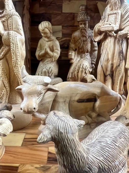 Religious Hand Carved Olive Wood Nativity Set with Stable, Holy Family, Wise Men