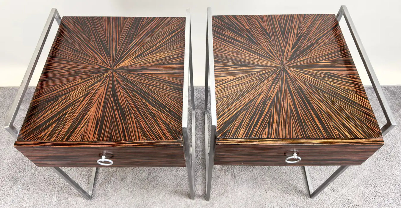 Mid-Century Modern Macassar Zebra Design & Iron Nightstand or End Table, a Pair