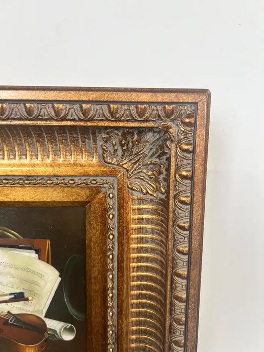 Still Life Violin & Sheet Music Oil on Canvas Signed Hessler, Framed 1900's