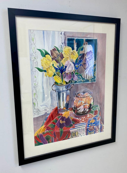 Still Life Watercolor of Irises, Mary Cassatt & Goldfish by Cathy Folk-Williams 1990's