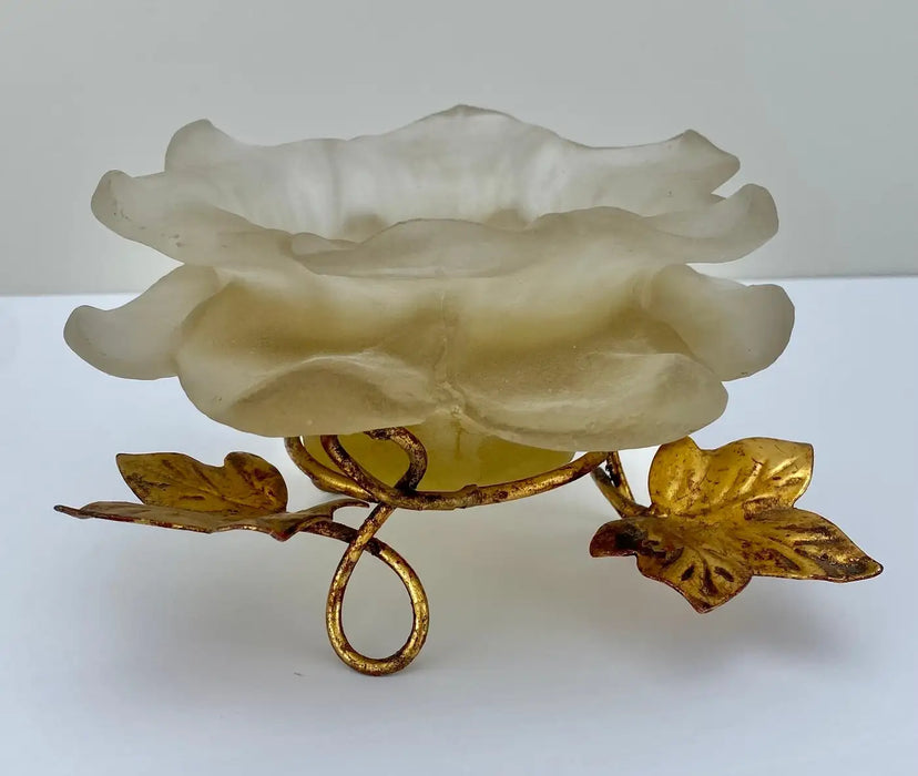 Mid-Century Modern White Frosted Lucite Flower Candle Holder with Gold Leaves