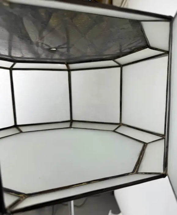 Art Deco Style White Milk Glass and Bronze Octagon Shape Pendant or Flush Mount