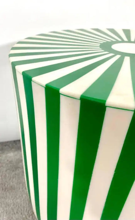 Art Deco Style Green & White Cylindrical Resin Side, End Table or Stool, a Pair