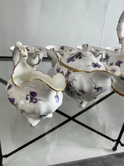 Hammersley “Victorian Violets” English Bone China Tea Set w Gold Trim, 15 pcs