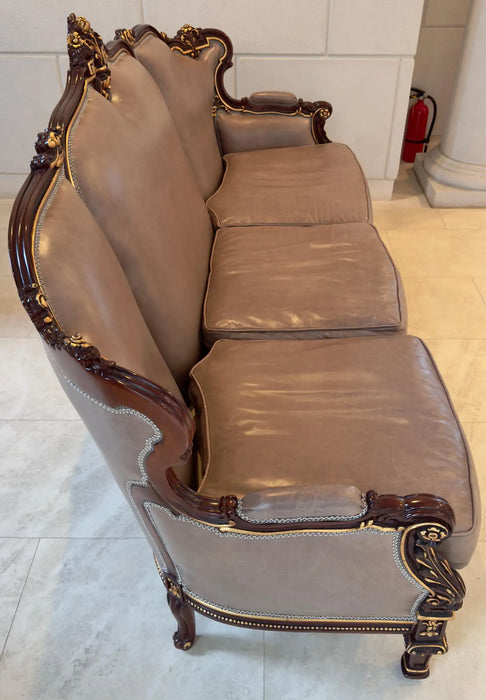 Italian Rococo Style Sofa in Fine Taupe / Gray Leather Upholstery and Mahogany